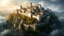 A Great Chinese Palace Is Above Clouds, Distant Waterfalls Flow Down The Mountains Generative AI