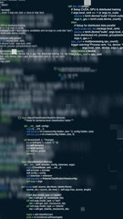 Vertical looped 4K animation of the appearing code that moves toward the camera on a blue background and square particles. H.264 video encoding.