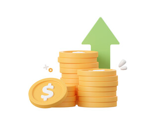 3d cartoon design illustration of stack of dollar coin with arrow pointing up, investment and money 