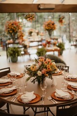 Canvas Print - Interior of a restaurant decorated with flowers for a wedding celebration ceremony