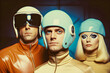 Vintage photo of people wearing retro futuristic costumes reminiscent of sci-fi TV shows of 1960s - 1970s era. AI generated illustration.