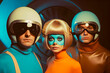 Vintage photo of people wearing retro futuristic costumes reminiscent of sci-fi TV shows of 1960s - 1970s era. AI generated illustration.