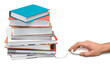 E-learning concept - computer mouse and  stack of colorful real books on white background,