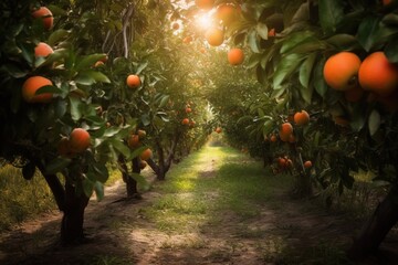 an orange grove with lots of oranges growing on the trees in the sunbeams of the sun shining through the leaves of the trees.  generative ai