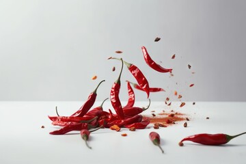 Wall Mural -  a pile of red peppers falling into a pile of red chili peppers on a white surface with a few pieces falling off of the top.  generative ai