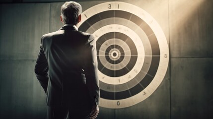 Poster - Businessperson, taking aim with bullseye target in the background. Generative ai