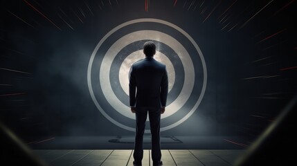 Leinwandbilder - Businessperson, taking aim with bullseye target in the background. Generative ai