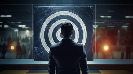 Leinwandbilder - Businessperson, taking aim with bullseye target in the background. Generative ai