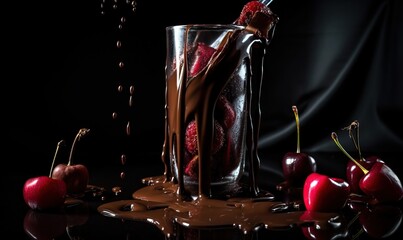  a glass filled with chocolate and cherries on top of a table next to a glass of chocolate and cherries on the side of the glass.  generative ai