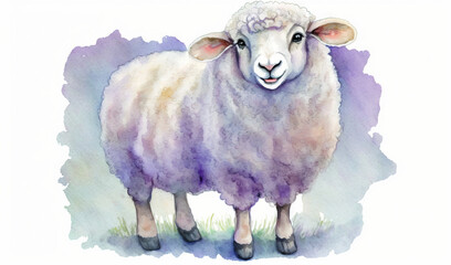  a watercolor painting of a sheep standing in a field of grass with a purple background and a white background with the words, watercolor sheep.  generative ai