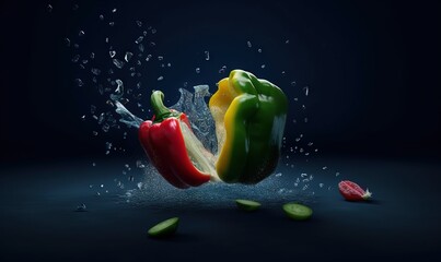 Wall Mural -  a group of three peppers splashing into a bowl of water with a slice of cucumber on the side of the image and a slice of pepper on the other side.  generative ai