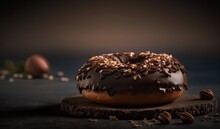  A Chocolate Donut With Nuts On A Piece Of Wood On A Dark Background With A Few More Donuts On The Side Of It.  Generative Ai