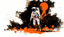  A Man In A Space Suit Walking On A Surface With Orange Spots Around Him And A Black Background With A Red Spot In The Center.  Generative Ai