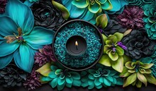  A Painting Of A Candle Surrounded By Blue Flowers And Green Leaves With A Dragon Flying Over The Top Of The Candle In The Center Of The Picture.  Generative Ai