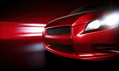 Wall Mural -  a red sports car with a bright light shining on it's headlamp is shown in this artistic photo of a red sports car.  generative ai