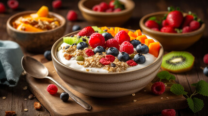 Canvas Print - healthy breakfast bowl filled with cereal with berries generative ai