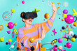 © deagreez - Collage picture of impressed funky girl experience virtual reality goggles hands interact metaverse flying elements isolated on teal background