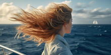 A Girl On A Yacht Enjoys The Sea Her Hair Is Inflated By The Wind Back View, Travel Ocean Trip Generative Ai