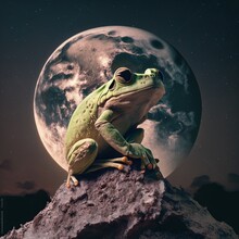 A Green Frog Sitting On Top Of A Rock Created With Generative AI Technology