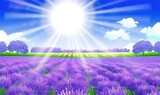 Fototapeta Lawenda -  a field of lavender flowers under a blue sky with the sun shining over the horizon and trees in the distance with a bright sunburst.  generative ai