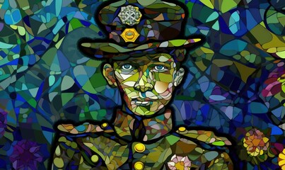 Wall Mural -  a painting of a man wearing a hat and a uniform with a flower in his hand and a flower in his other hand and a mosaic background.  generative ai