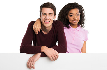 Wall Mural - Group of teen student with a giant, blank, white billboard