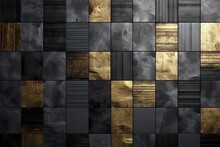  A Black And Gold Tiled Wall With A Black And Gold Stripe On It's Side And A Black And Gold Stripe On The Other Side Of The Wall.  Generative Ai
