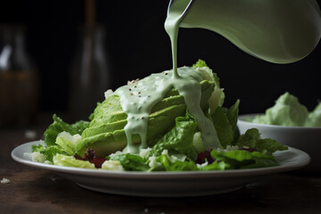 Green goddess dressing poured over a salad. Typical Mediterranean salad with yogurt sauce, or Caesar sauce, or Greek sauce. delicious lettuce with avocado garnish. made with ai