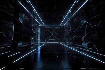  a dark room with neon lights and a black floor with a black background and a white light at the end of the room is a dark tunnel.  generative ai