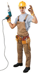 Wall Mural - A worker in yellow helmet with drill