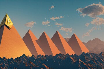 Wall Mural - Sci-fi landscape with 3D mountain pyramids in retrofuturistic synthwave style, orange light, generative ai
