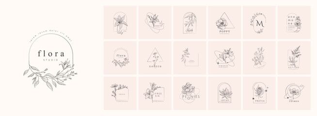 Wall Mural - set of minimal feminine botanical floral frame or logo with trendy flowers. hand drawn wedding herb,