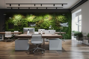 Office green walls with artificial moss and plants. Generative AI