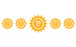 Iconos de sol con factor de protección spf sobre un fondo blanco liso y aislado. Vista de frente y de cerca. Copy space