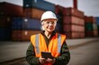 Female logistics coordinator managing harbor operations, surrounded by shipping containers, ensuring efficient and timely delivery of cargo, generative ai