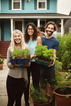 Group Of Neighbors Working Together In A Community Garden, Planting And Tending To Vegetables And Flowers, Promoting Sustainability, Social Interaction, And Urban Greening, Generative Ai