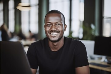 Portrait of a young, confident African American software engineer programmer working at a computer, coding and developing innovative solutions in the tech industry, generative ai