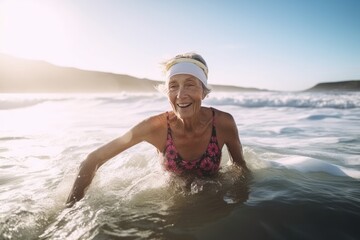 Candid photo of a joyful senior woman swimming in the ocean, enjoying her active and healthy lifestyle, embracing life and the beauty of nature during her leisure time, generative ai