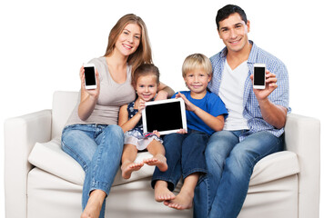 Wall Mural - Family sitting at sofa with electronic gadgets