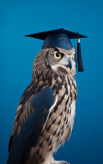 Wall Mural - With a sharp profile against a blue sky, this owl in a graduation cap represents aspirations as high as the sky, full of potential and discovery.