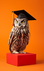 Wall Mural - An owl perched on a red platform, graduation cap in place, looks on with wisdom against a backdrop of deep orange, capturing the moment of academic triumph.