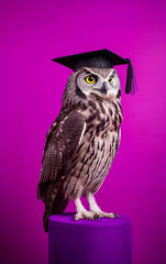 Wall Mural - An owl stands proudly on a purple podium, its graduation cap signifying a bright future, against a backdrop of vibrant purple.