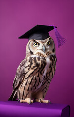 Wall Mural - On a vibrant purple background, an owl wearing a graduation cap strikes a pose of quiet confidence and academic pride.
