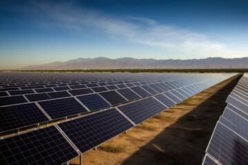 A vast solar energy farm, with rows of solar panels as far as the eye can see. The sheer scale hints at the potential for clean, renewable solar power.. Generative AI