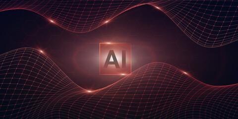 Wall Mural - abstract digital background with ai logo and wave mesh over hexagon cells