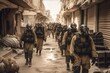 A line of soldiers marching in formation, all wearing gas masks and hazmat suits. Entering an abandoned, city that appears to have been devastated by chemical or biological weapons. Generative AI