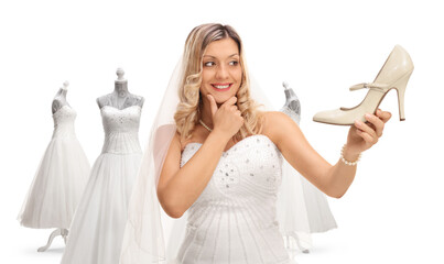 Poster - Bride choosing shoes and a dress for her wedding