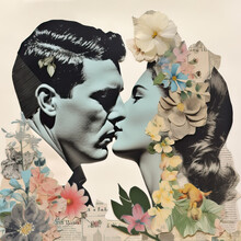 Vintage Collage Illustration Of A Couple, Man And Woman In A Very Intimate And Sensual Position, Collage, Romance, Pop Art, Generative AI