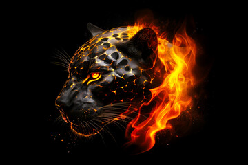 Poster - Close up of tiger's face on black background with fire. Generative AI.