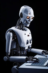 Poster - Robot sitting at desk with laptop on it's lap. Generative AI.